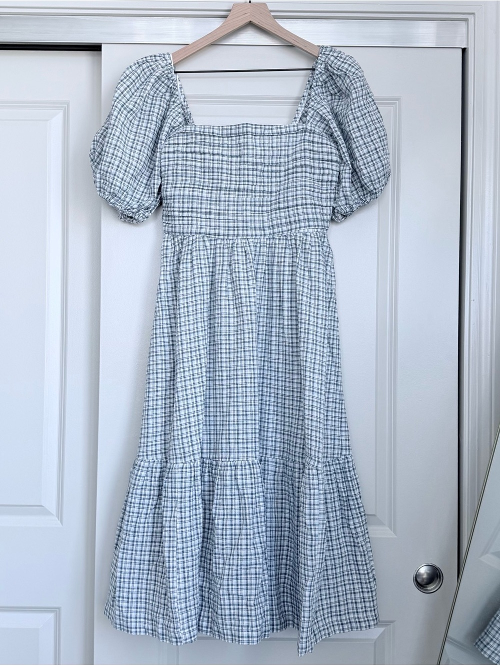 Abercrombie & Fitch Emerson Linen-Blend Puff Sleeve Midi Dress in blue plaid